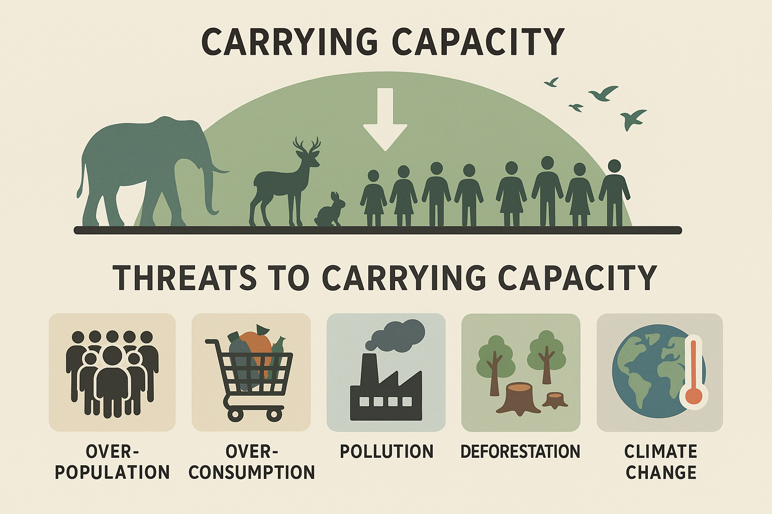 Explain the concept of Carrying Capacity. Also list some threats to carrying capacity