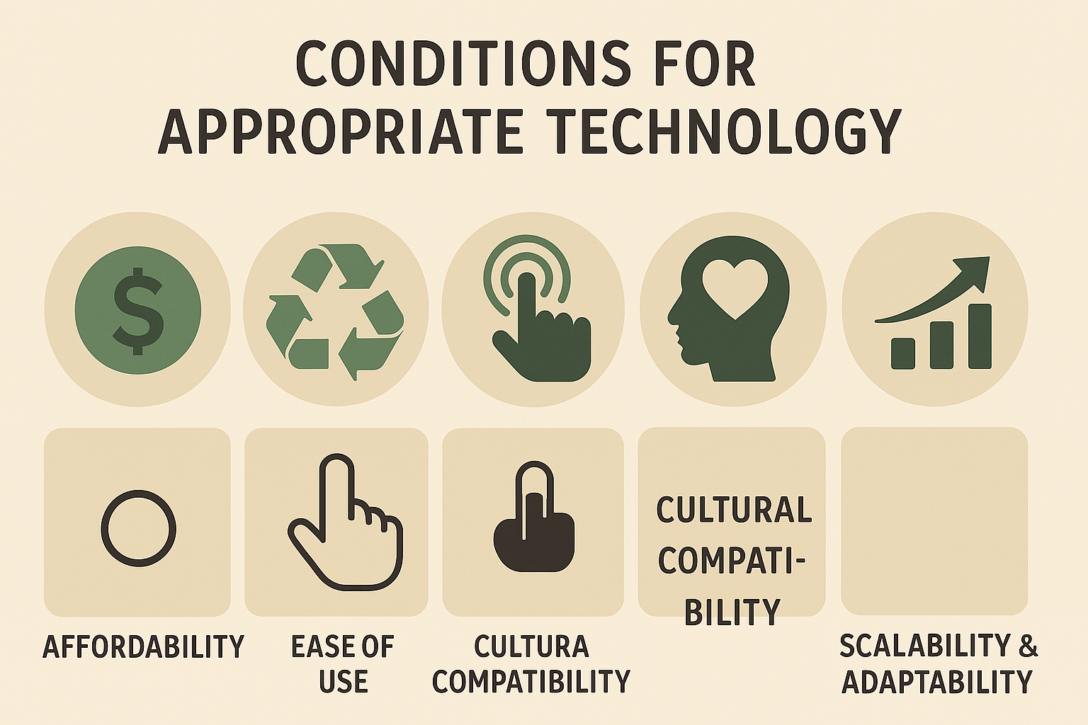 State any five conditions needed for a technology to be appropriate.