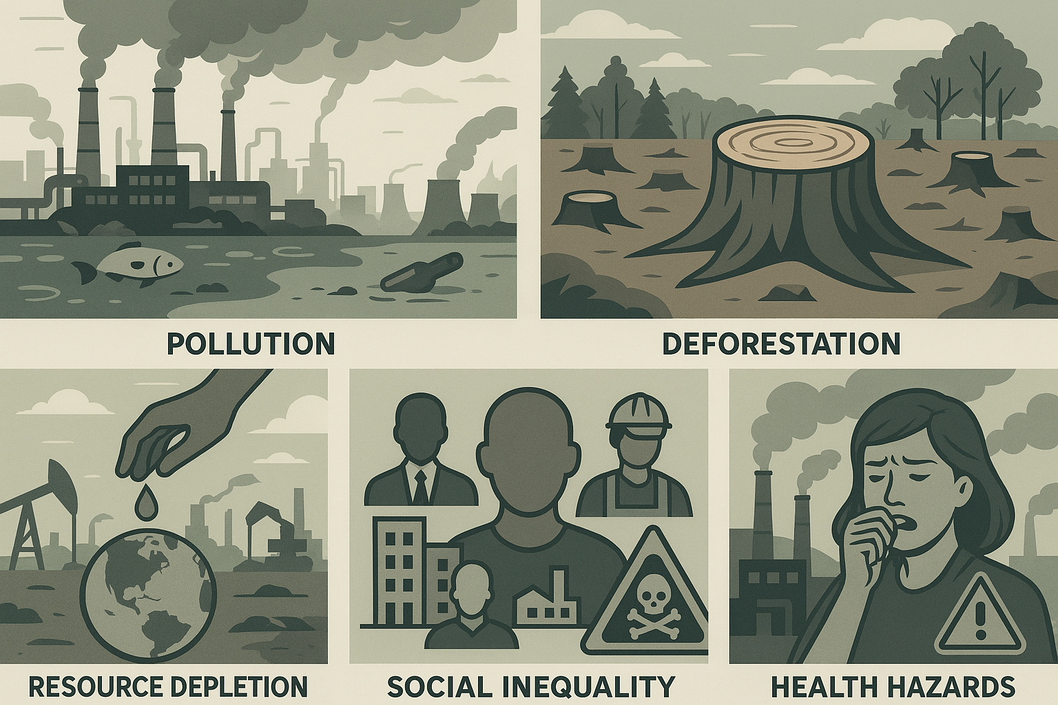 List any five harmful consequences of industrialization on environment and society.