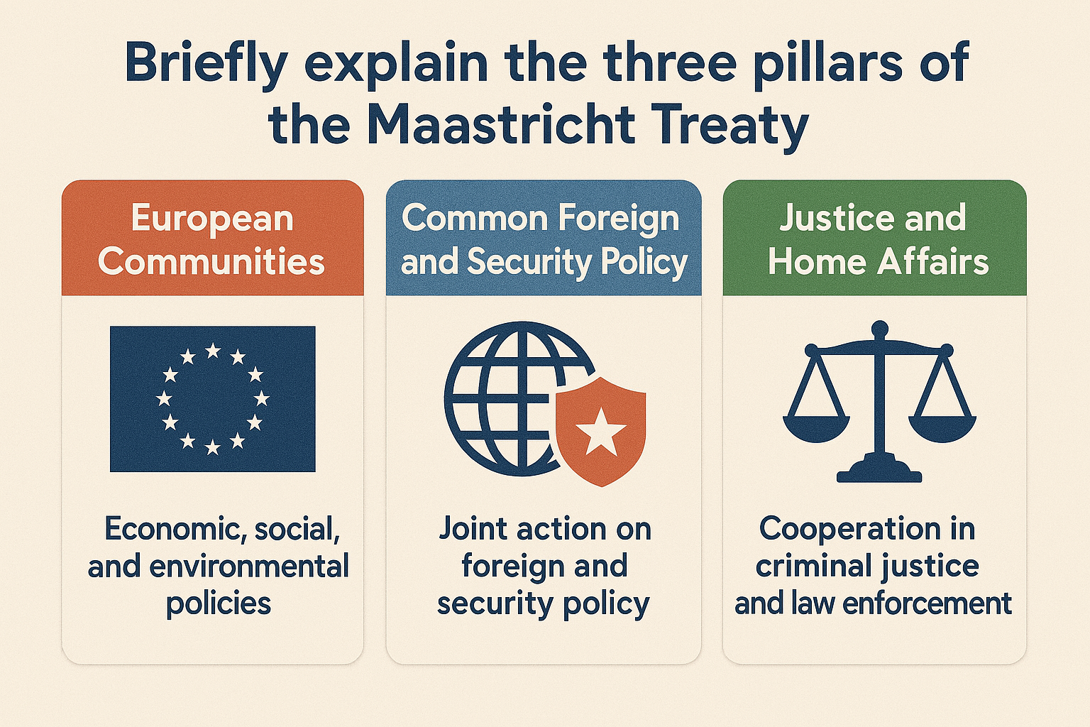 Briefly explain the three pillars of the Maastricht Treaty